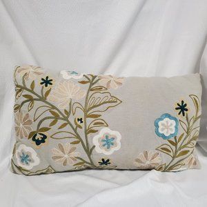 Rectangle Greige Pillow w/ Floral Embroidery